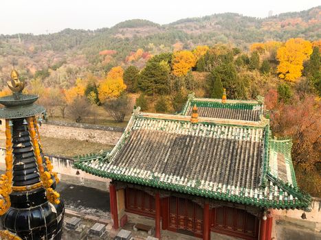 Aerial view of The Temple of Universal Happiness, Pule si, also called the round Pavillion, this structure was built in 1766. Little temple at the starting point for hammer rock hike, Chengde, China.