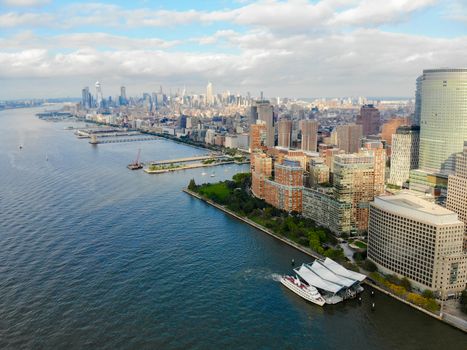 Aerial view of Manhattan skyline with Battery Park, New York, USA. Skyline with skyscrapers and financial district and Hudson river, New York, USA. February 13th, 2020 