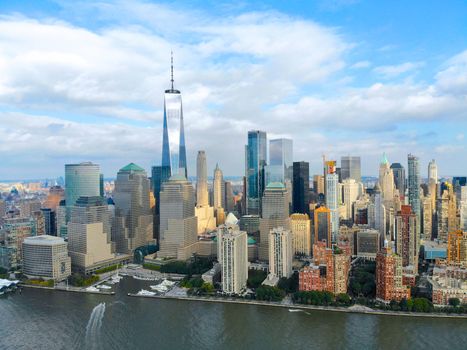 Aerial view of Manhattan Skyline, with World Trade Center, New York, USA. Panoramic skyline with skyscrapers and financial district and Hudson river, New York, USA. Feb 13th, 2020