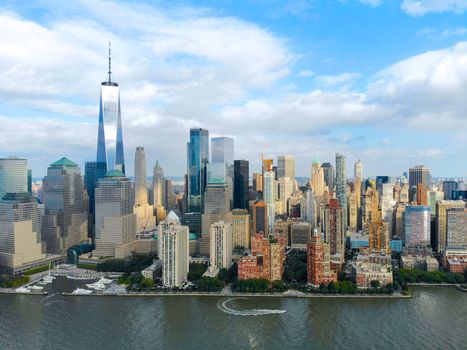 Aerial view of Manhattan Skyline, with World Trade Center, New York, USA. Panoramic skyline with skyscrapers and financial district and Hudson river, New York, USA. Feb 13th, 2020