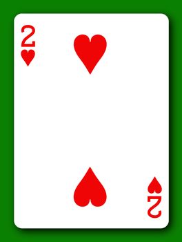 A 2 Two Deuce of Hearts playing card with clipping path to remove background and shadow