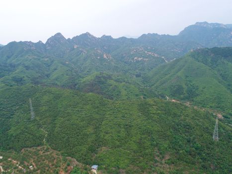 Aerial view of green Mountain in the region of Huaibei, China.