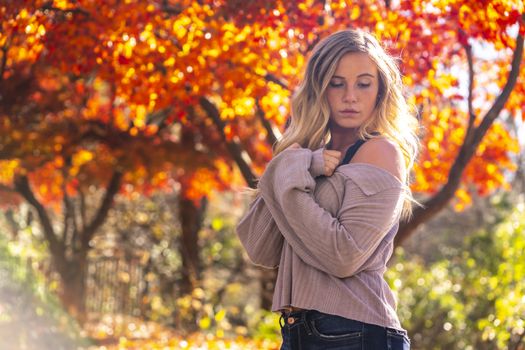 A gorgeous blonde model enjoys a Autumn day outdoors in a park