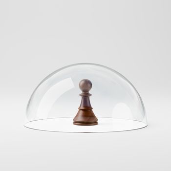 One Black Wooden Chessman Under a Glass Shield 3D Illustration, Personal Protection Concept
