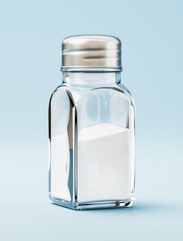Salt in a Glassy Salt Shaker with Metallic Screw Cap on Blue Background 3D Illustration