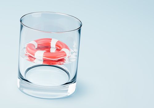 Glass of Water and Red Lifebelt Inside on Light Blue Background 3D Illustration