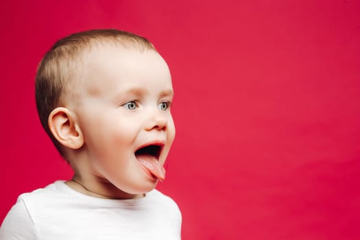 Portrait of little emotion boy playing at studio and showing tongue out. Sweet kid stick out and making face. Pink studio background.