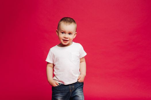 Emotionaly stylish little boy wearing in jeans and white t shirt holding hands in pockets and smiling. Fashionable child two year old posing at studio against pink background.