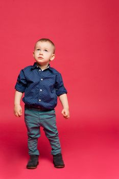 Studio portrait of stylish little boy surprised looking up, playing at studio. Emotional child playing at studio against pink background. Concept of kids fashion and style. Sweet boy two year old.