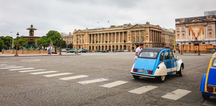 Paris, France - May 08, 2017 : iconic Citroen 2CV for rent at Place du Trocadéro on a spring day
