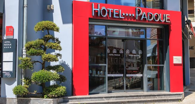 Lourdes, France - June 22, 2017 : example of a luxury hotel to welcome pilgrims in the center of Lourdes. Here the hotel Padoue on a summer day