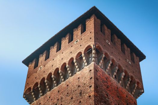 Milan, Italy - November 03, 2017: architectural detail of the facade of the Castle of Sforza on a fall day, a fortress built in the fifteenth century by Francesco Sforza, Duke of Milan
