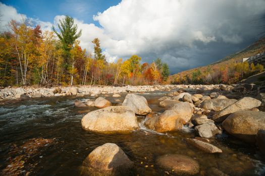 Rugged and picturesque Pemigewasset River at base of Loon Mountain Lincoln New Hampsire, USA.