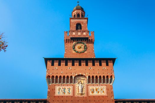 Milan, Italy - November 03, 2017: architectural detail of the facade of the Castle of Sforza on a fall day, a fortress built in the fifteenth century by Francesco Sforza, Duke of Milan