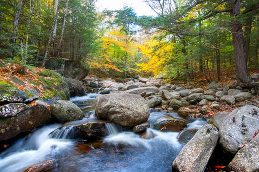 Screw Augur Falls small rocky waterfall in long exposure on walking and hiking trail near Newry Maine USA