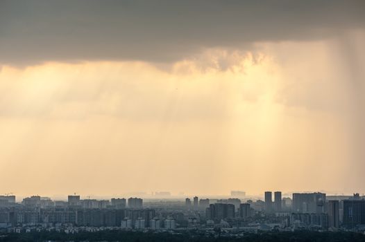 Chengdu skyline aerial view with a dramatic sky at dusk, China