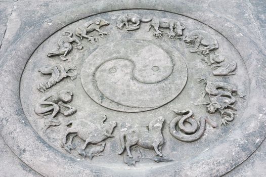 Bas-Relief with YinYang symbol and twelve animals of the chinese chinese zodiac in Chengdu, China