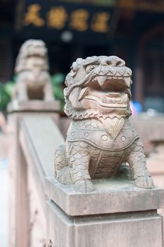 Lion stone statues in a buddhist temple, Chengdu, China