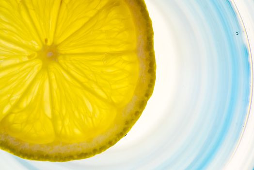 Lemon slice backlit in a glass of water close-up view