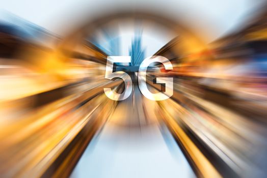 5G on a radial blurred cityscape background