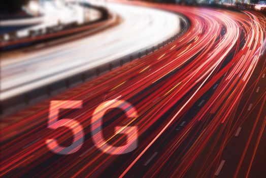 5G new wireless internet wifi connection on cars light trails at night