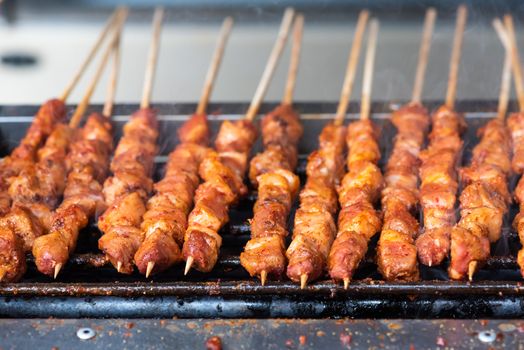 Grilled meat on sticks skewers in a chinese market in Chengdu, China