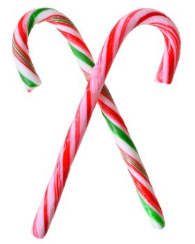 Two lollipops walking stick closeup isolated on white background.