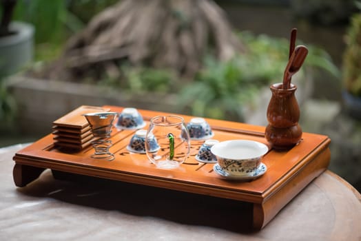 Tea set on a wooden table in China