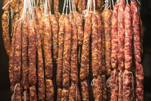 Sausages hanging in a market in China