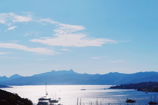 Beautiful sea view and mountains in the Mediterranean at sunset, summer vacation travel and holiday destination