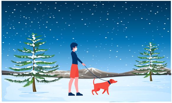 girl walking with her dog in a snow