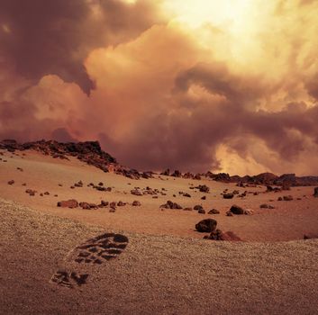 Illustration of the first human footprint on sandy and rocky Planet Mars landscape.