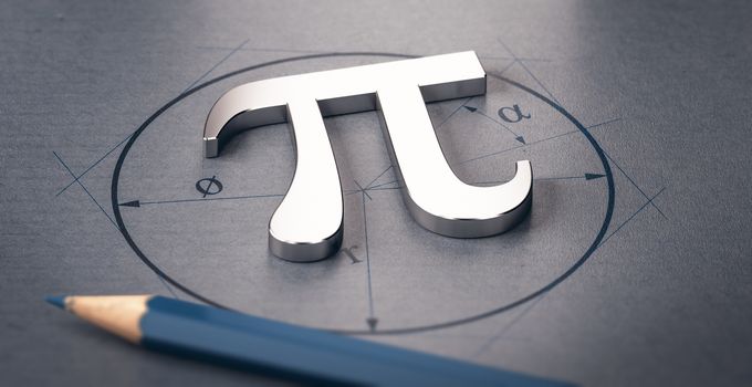 3D illustration of pi letter over a circle drawing. Mathematics concept