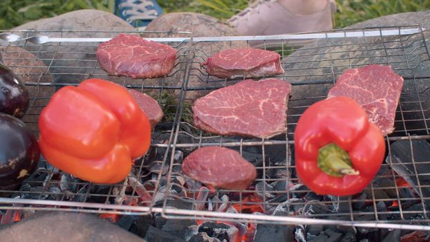 Close up beef and paprika on the barbecue grill. Cooking of meat and vegetables on grill outdoor. Leisure, food, people and holidays concept. Top view