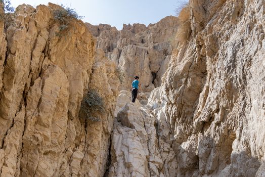 A man descends a high cliff in the desert, using rappelling. Abseiling Down Cliff. Cliff Rappel. High quality photo. Nahal Qumran