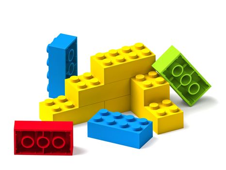 Starting to build something from colorful building toy blocks 3D isolated on white