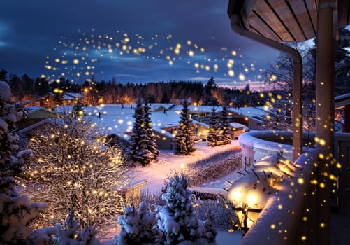 Snowy Christmas street magical winter feeling scenery seen from balcony