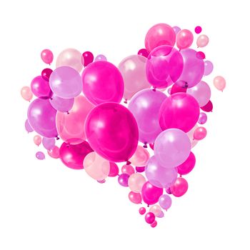 Pink and purple balloons flying heart shape formation white background