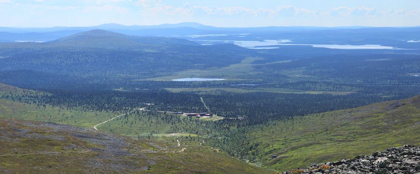 View from the Taivaskero top of fell Pallastunturi Lapland Finland. National park visitor centre on the foreground