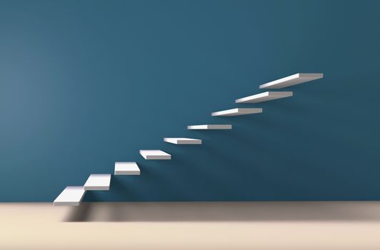 White stairs steps on gallery style wall rising upward 3D illustration
