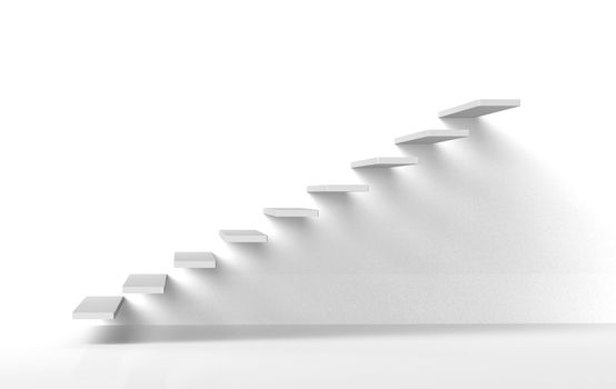 White stairs steps on white gallery style wall rising upwards 3d