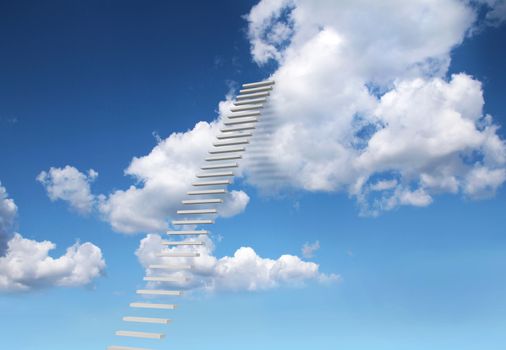 Stairs to heaven steps leaning to white clouds on blue sky background