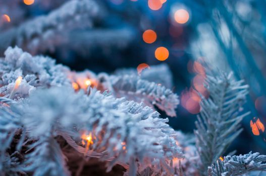 Chrismas tree and illuminated decoration selective focus background