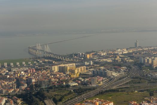 Aerial view of the bridge on river Tejo at Lisbon in Portugal