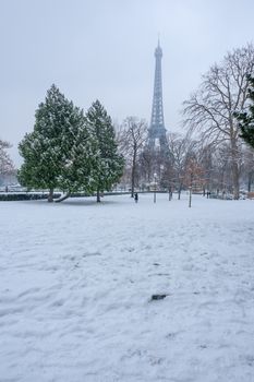 Eiffel tower under the snow behind trees from the Trocadero gardens in winter in Paris, France