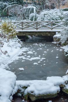 Frozen stream and little bridge under the snow in winter in the Trocadero gardens in Paris, France