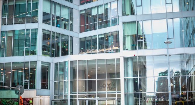 Dublin, Ireland - February 12, 2019 - Architectural detail of the Gordon House building that houses the international company Google in the city center on a winter day