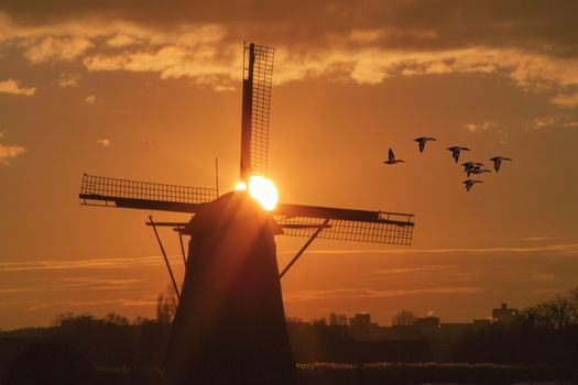 Warm and vibrant sunrise over the Unesco world heritage windmill in Leidschendam, Kinderdijk, Netherlands 