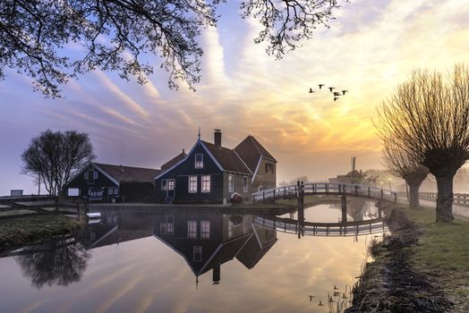 Beautiful and typical Dutch wooden houses architecture mirrored on the calm canal of Zaanse Schans located at the North of Amsterdam, Netherlands