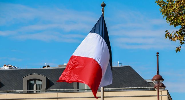 french flags flying in front of a building in France